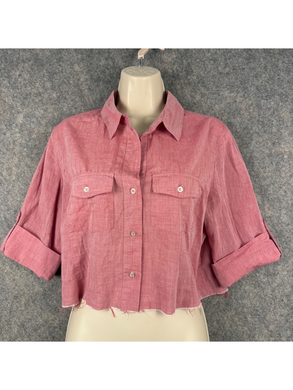 Kut From The Kloth Elbow Sleeve Cropped Button Up Shirt Red Women Size Small 989